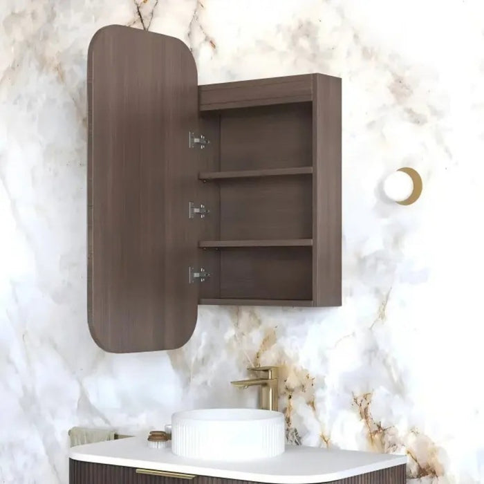 900-1500*750mm Otti Newport Sable Walnut Rectangle Curved Moisture Resistant Plywood Shaving Cabinet