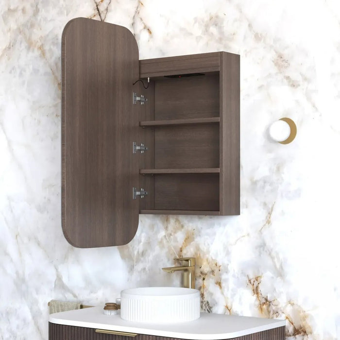 900-1500*750mm Otti LED Newport Sable Walnut Rectangle Curved Moisture Resistant Plywood Shaving Cabinet