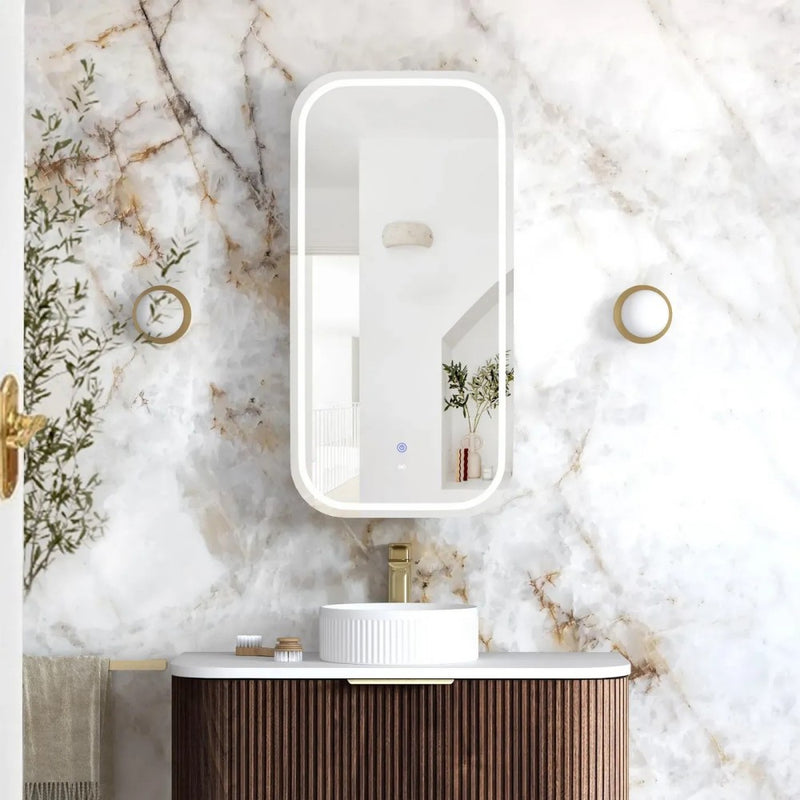 900-1500*750mm Otti LED Newport Sable Walnut Rectangle Curved Moisture Resistant Plywood Shaving Cabinet