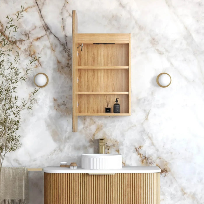 900-1500*750mm Otti LED Newport Woodland Oak Rectangle Curved Moisture Resistant Plywood Shaving Cabinet