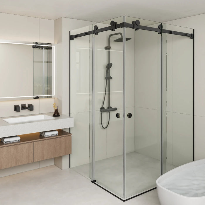 870-1450mm Covey Frameless L Shape Gun Metal Fitting Double Corner Sliding Doors 10mm Thickness Glass Shower Screen - 2000mm Height
