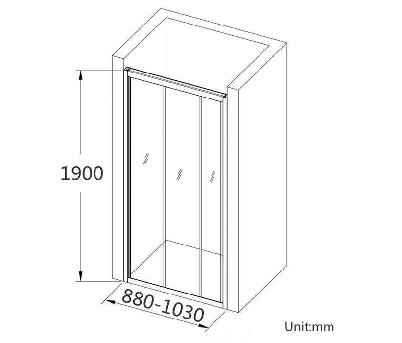 830-1030mm 6mm Tempered Glass L Shape 3 Panels Sliding Door Chrome Framed Shower Screens