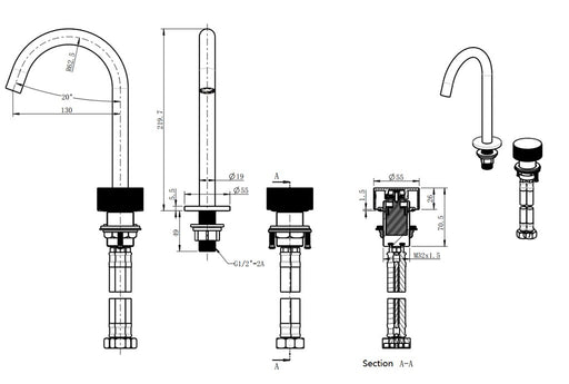 BK QI Rund Progressive Chrome/Matt Black/Brushed Nickel/Gunmetal Grey/Brushed Gold Brass Round Hob Mounted Basin Tap Set - HD reno
