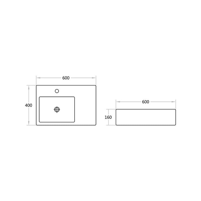 600*400*160mm Poseidon B35 Gloss White Ceramic Rectangle With Overflow 1 Tap Hole Left Hand Bowl Wall Hung Basin
