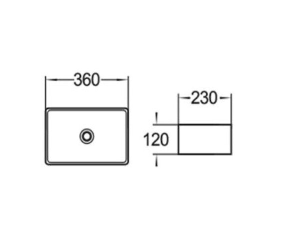 360*230*120mm Poseidon PA3623 Gloss White Ceramic Rectangle Above Counter Basin
