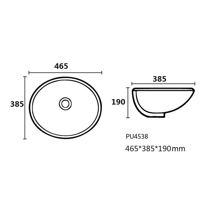 470*390*200mm Poseidon PU4538 Gloss White Ceramic Oval With Overflow Under-Mount Basin
