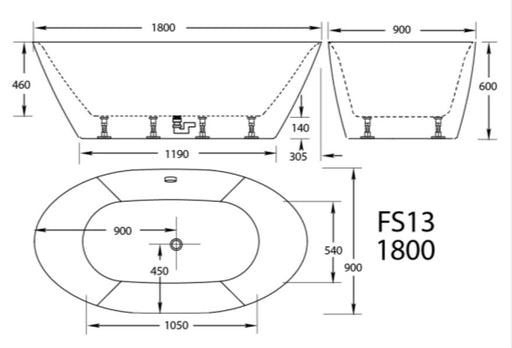FS13 1800*900*600mm Bath Tub White/Black Acrylic Free Standing oval - HD reno