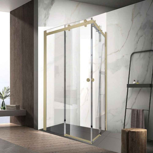 900-1800*2000mm SUN 8mm Glass Double Sliding L Shape Frameless Brushed Gold Fittings Shower Screens