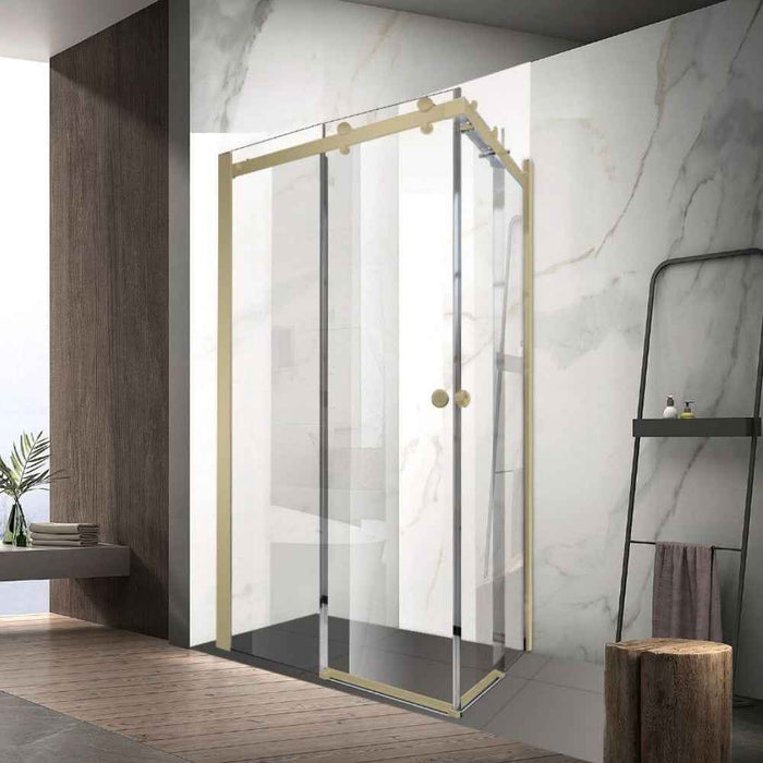 900-1800*2000mm SUN 8mm Glass Double Sliding L Shape Frameless Brushed Gold Fittings Shower Screens