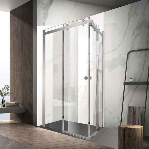 900-1800*2000mm SUN 8mm Glass Double Sliding L Shape Frameless Brushed Nickel Fittings Shower Screens