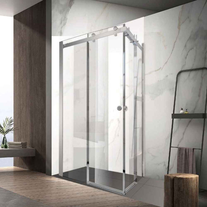 900-1800*2000mm SUN 8mm Glass Double Sliding L Shape Frameless Brushed Nickel Fittings Shower Screens