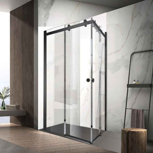 900-1800*2000mm SUN 8mm Glass Double Sliding L Shape Frameless Black Fittings Shower Screens