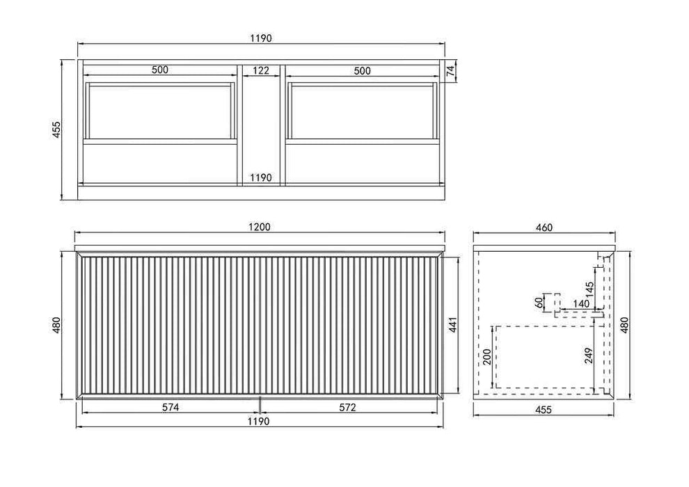 600-1500*460*500mm POS CETO Kirribilli Matte Black PVC Constructed Fluted Bathroom Cabinet Wall Hung Vanity