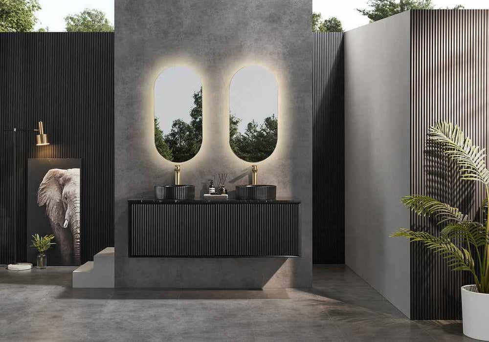 600-1500*460*500mm POS CETO Kirribilli Matte Black PVC Constructed Fluted Bathroom Cabinet Wall Hung Vanity