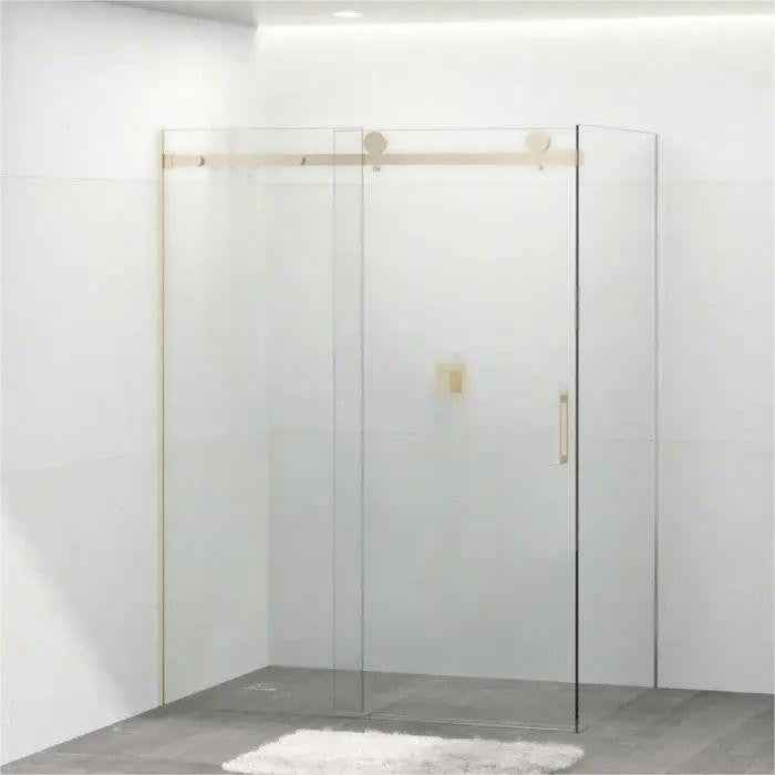 1180-2000x2000mm L Shape Sliding Frameless Light Gold Square Rail Handle 10mm Glass Shower Screens