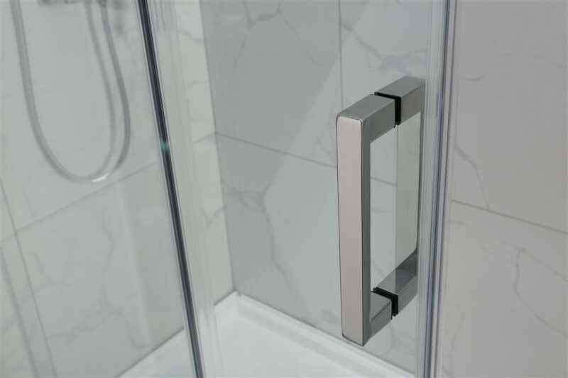 1180-2000x2000mm L Shape Sliding Frameless Light Gold Square Rail Handle 10mm Glass Shower Screens