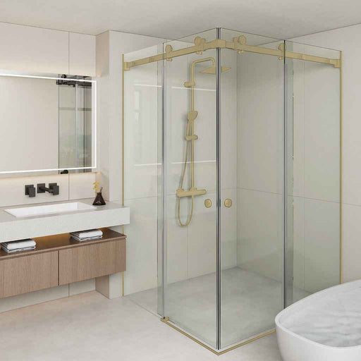 870-1300x2000mm Double Sliding Frameless Light Gold Stainless Steel Square Handle 10mm Glass Shower Screen
