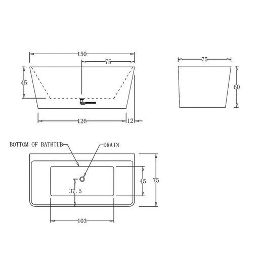 1500-1700*780*600mm Cee Jay Matt White Rectangle Acrylic Back To Wall Bathtub - HD reno