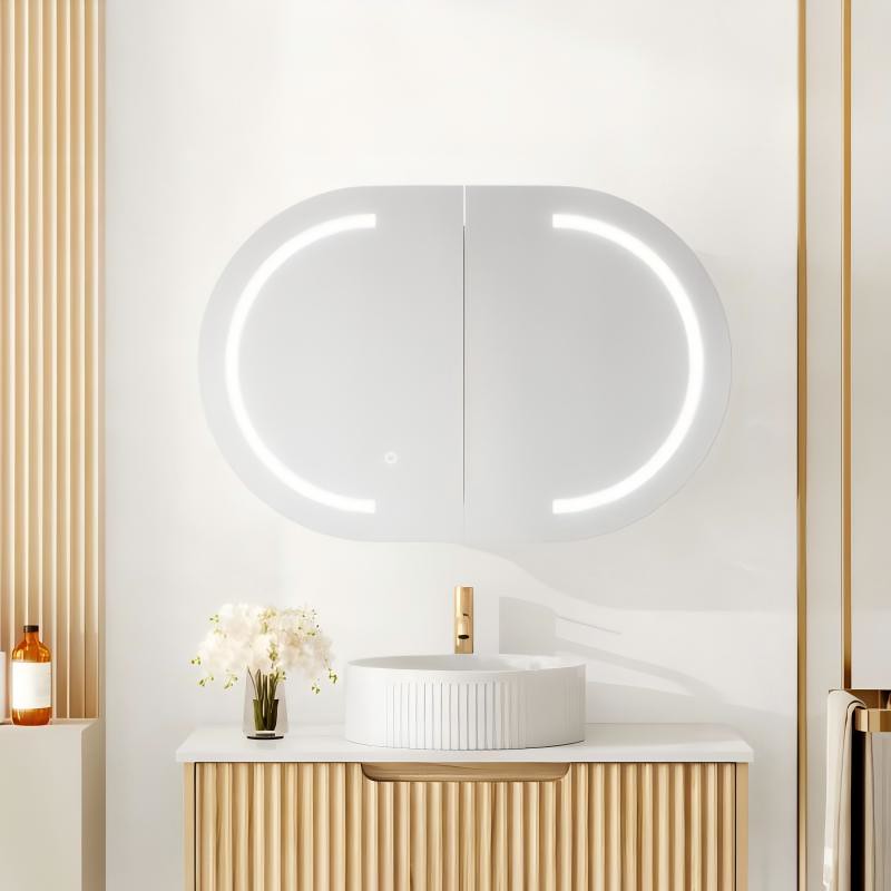 900-1500*600mm Mercio Athena Frameless Oval PVC Matt White LED Shaving Cabinet
