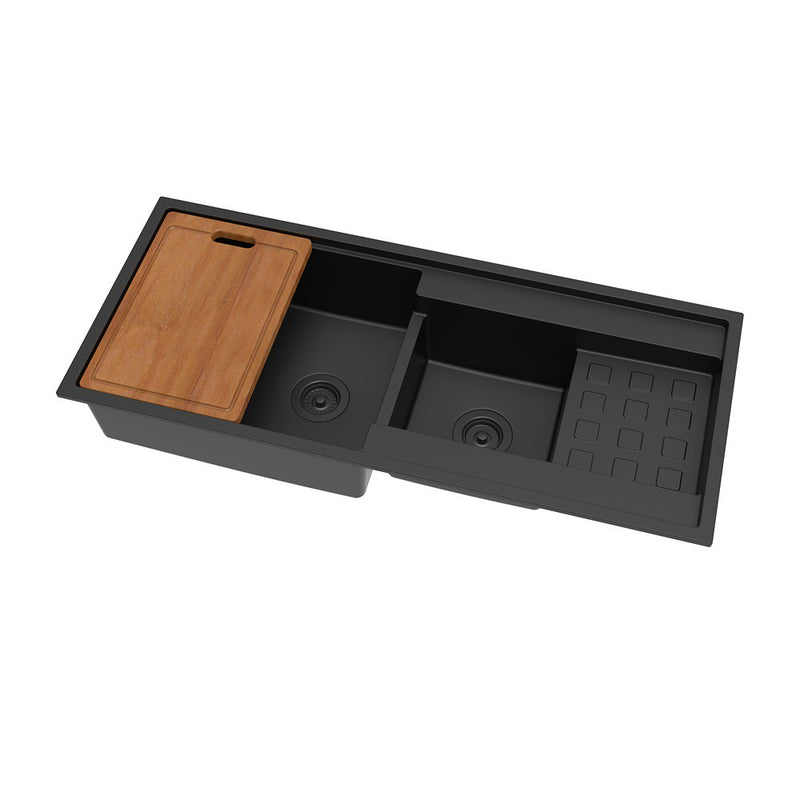 1160*500*225mm Lukka Gabrio Matt Black Granite Square Double Bowl With Drainer Kitchen Sink