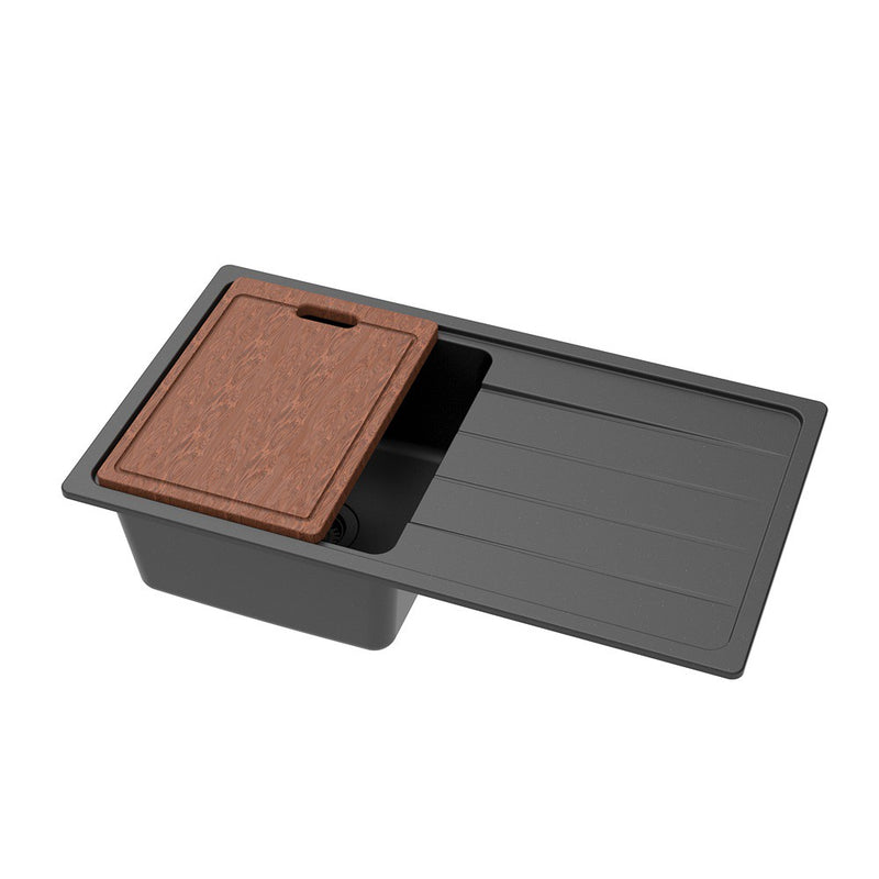 864*484*235mm Lukka Gabrio Matt Black Granite Square Single Bowl With Drainer Kitchen Sink