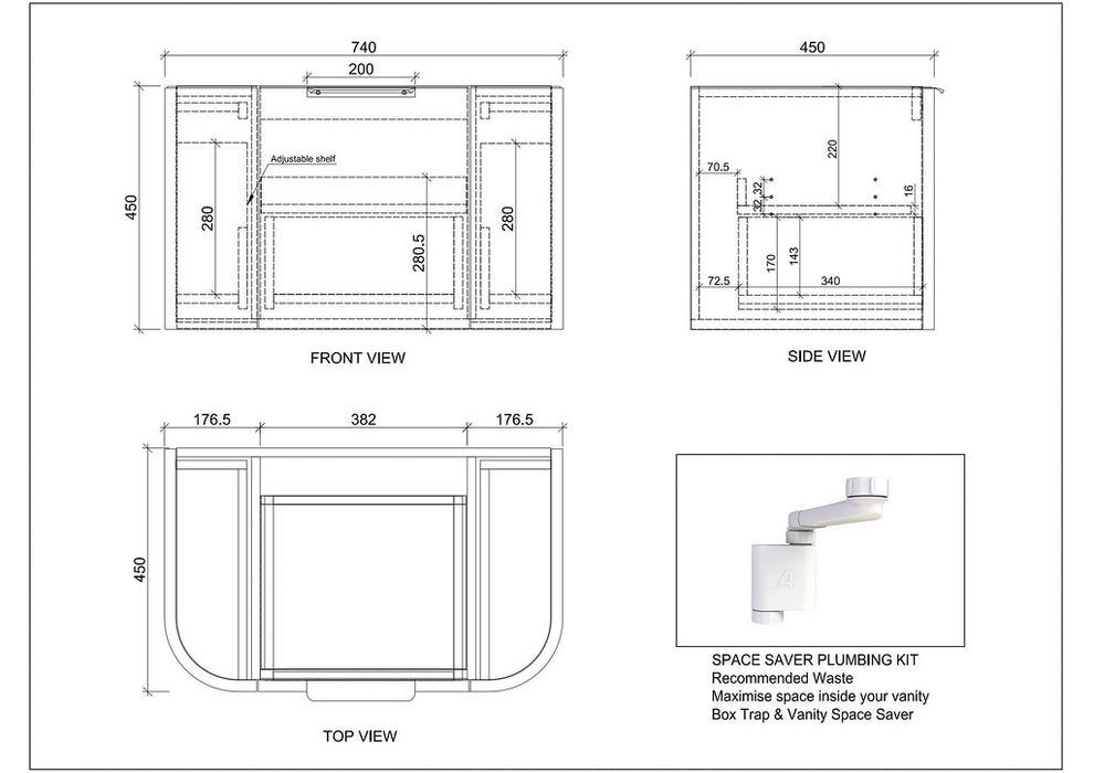 750*450*450mm ABS Houston Matt White Plywood Curved Wall Hung Vanity