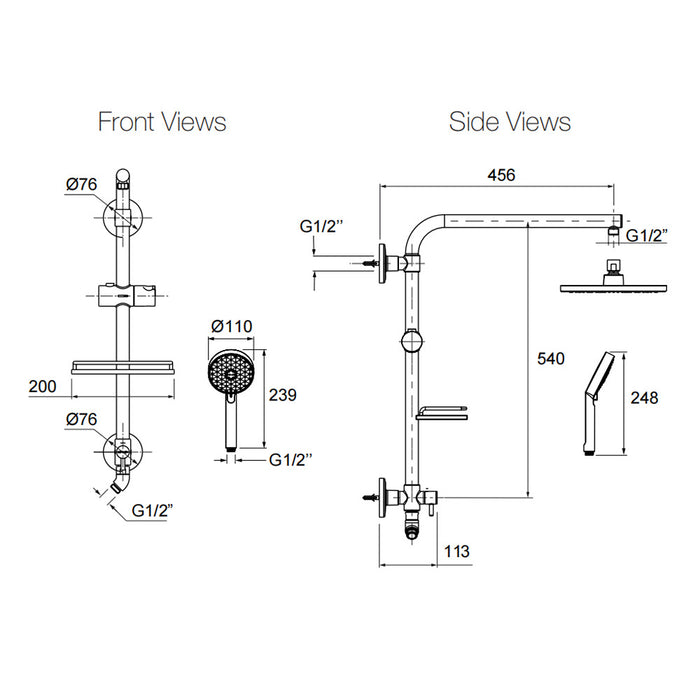 540mm Kohler HydroRail Rain Standard Chrome Square Column Shower
