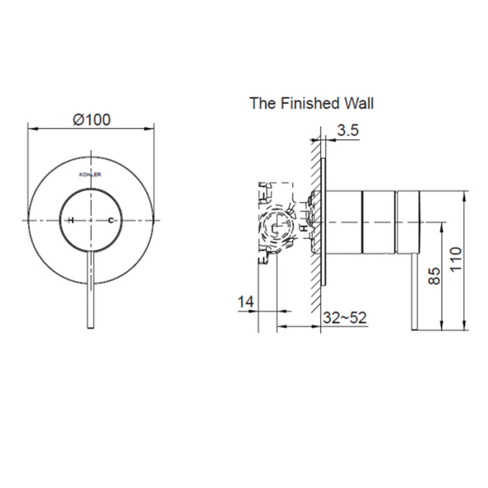 Kohler Components Shower or Bath Pin Lever Mixer Chrome/Matte Black/Brushed Nickel/Brushed Brass Tapware