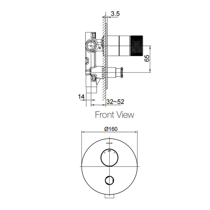 160mm Kohler Components Chrome/Brushed Nickel/Matt Black Round Plate Oyl Handle Shower/Bath Mixer With Diverter Thin Trim Kit