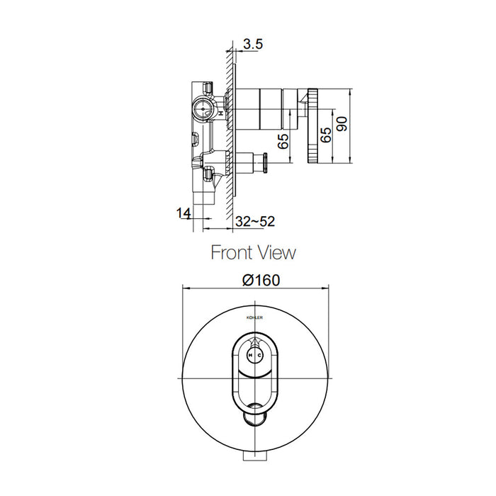 160mm Kohler Components Chrome/Brushed Nickel/Matt Black Round Plate Industrial Handle Shower/Bath Mixer With Diverter Thin Trim Kit