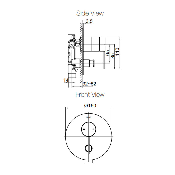 160mm Kohler Components Chrome/Brushed Nickel/Matt Black Round Plate Lever Handle Shower/Bath Mixer With Diverter Thin Trim Kit