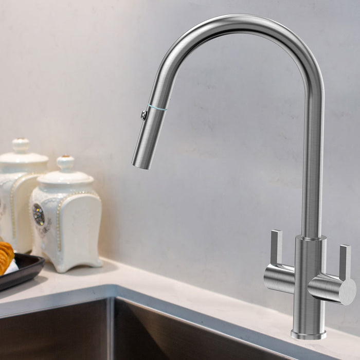 Suprema XPRESS FIT Xssence Satin/Chrome/Gun Metal 316 Stainless Steel Square Gooseneck With Lever Handles Retractable Tap