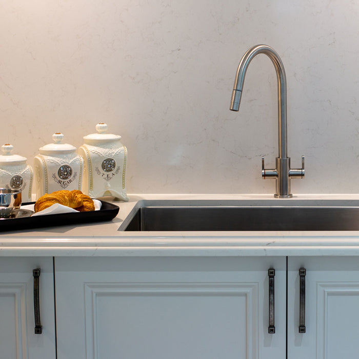 Suprema XPRESS FIT Xssence Satin/Chrome/Gun Metal 316 Stainless Steel Square Gooseneck With Lever Handles Retractable Tap