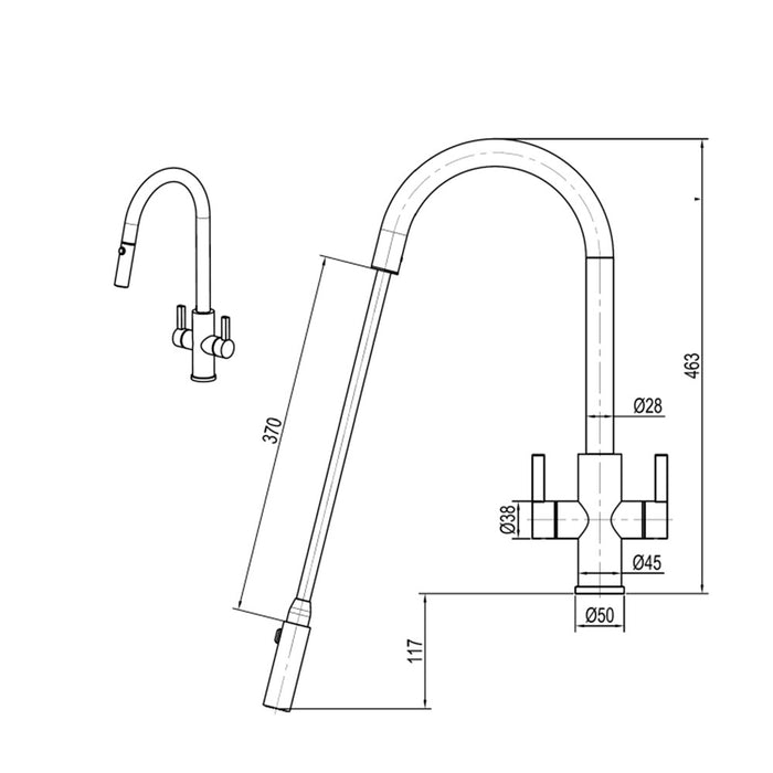 Suprema XPRESS FIT Xssence Satin/Chrome/Gun Metal 316 Stainless Steel Square Gooseneck With Lever Handles Retractable Tap