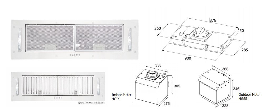 900mm Stainless Steel Concealed Rangehood with Q Series Motor