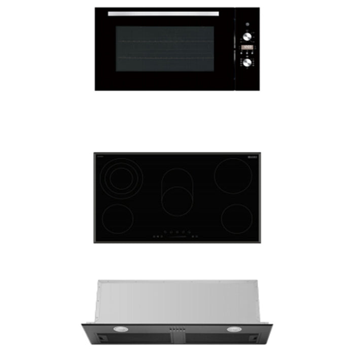 900mm DiLusso Black Electric Ceramic Cooktop and Electric Oven and Concealed Rangehood Packages