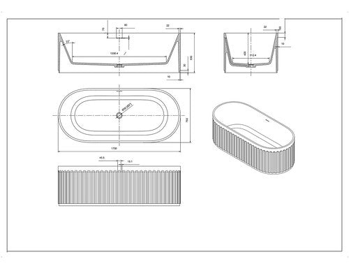 1700*750*550mm Poseidon CETO Cascade Matt White Oval Solid Surface Stone With Overflow Fluted Freestanding Bathtub