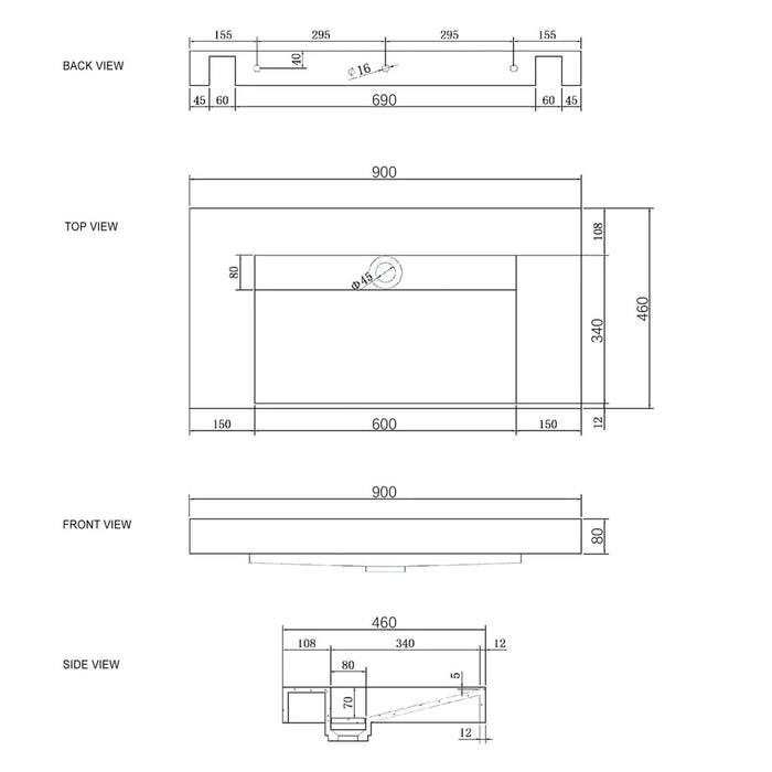 600-1500*470*85mm Otti Moonlight Solid Surface Top Wall Hung Basins