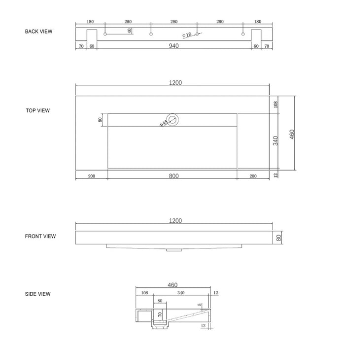 600-1500*470*85mm Otti Moonlight Solid Surface Top Wall Hung Basins