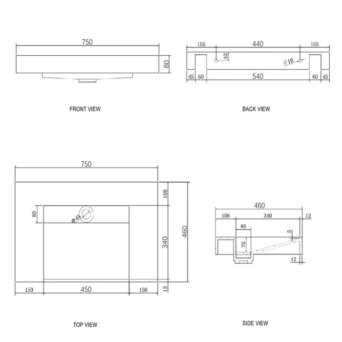 600-1500*470*85mm Otti Moonlight Solid Surface Top Wall Hung Basins