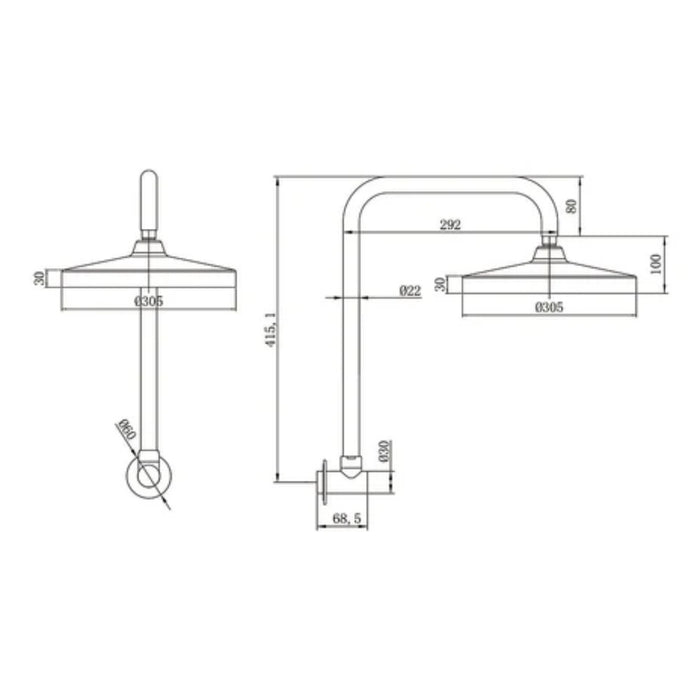 300mm Amoza Galaxy 304 Stainless Steel Spray Waterfall Gooseneck Shower Arm & Head