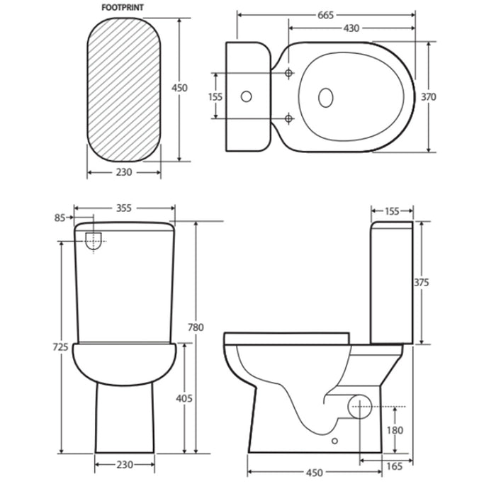 665*355*780mm Fienza Petra Gloss White Rimless Close-Coupled Toilet