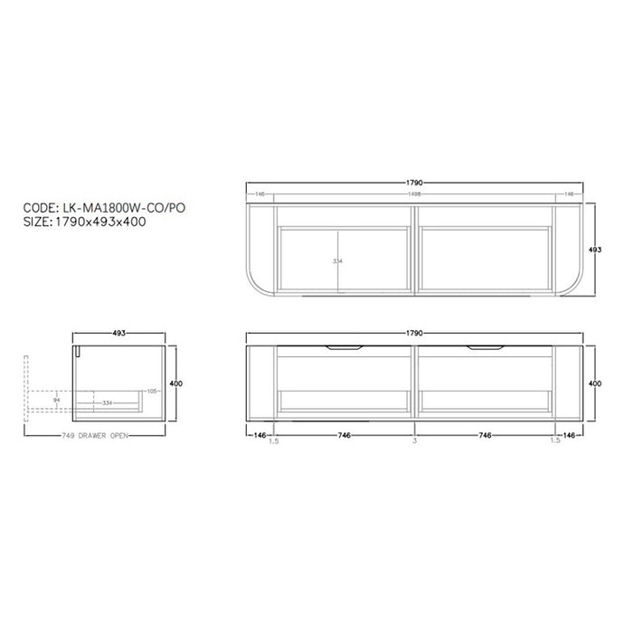 600-1800*500mm POS Bronte Coastal Oak Woodgrain thermolaminated V-Groove Fluted Bathroom Cabinet Wall Hung Vanity