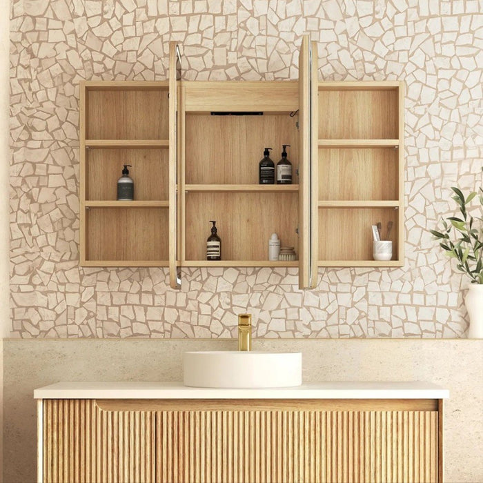 900-1500*750mm Otti Newport Matt White/Natural Oak/Black Oak Glass Moisture Resistant Plywood Rectangle LED Shaving Cabinet