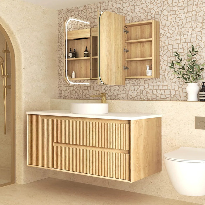 900-1500*750mm Otti Newport Matt White/Natural Oak/Black Oak Glass Moisture Resistant Plywood Rectangle LED Shaving Cabinet