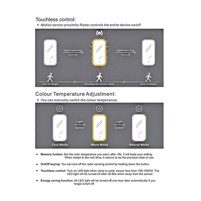 900-1500*750mm Otti Newport Frameless/BLack Metal/Gold Metal/White Metal Framed Soft Rectangle LED Mirror