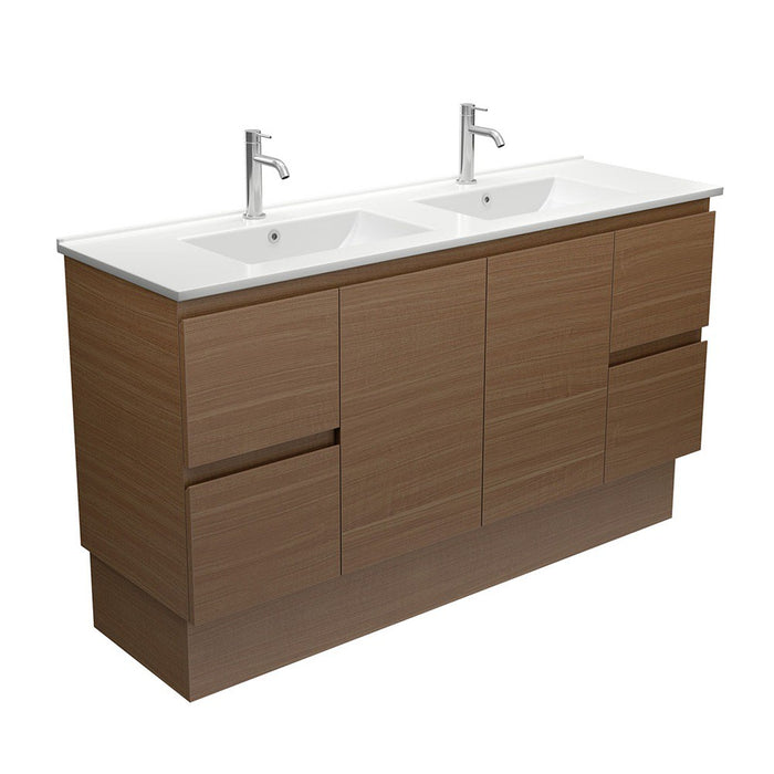 1500*460*850mm Fienza Dolce Edge Walnut Double Bowl Freestanding Vanity With Kickboard