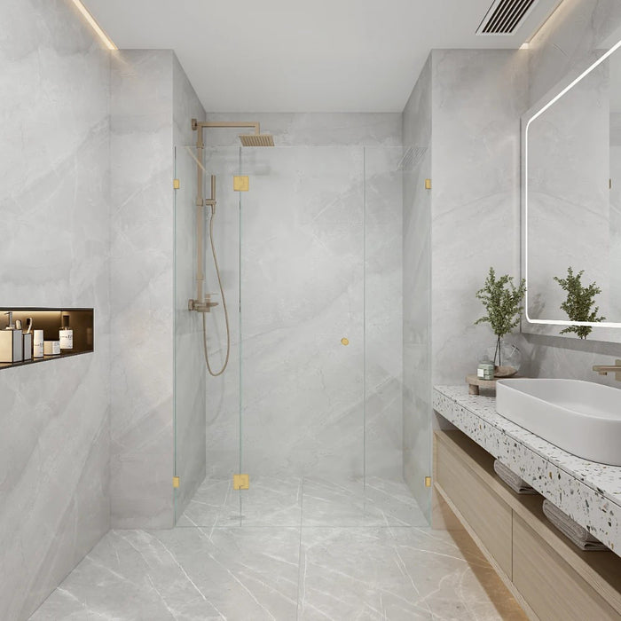 865-2600*2000mm Covey Frameless Glass Solid Brass Pivot Door 3 Panels Wall To Wall Shower Screens