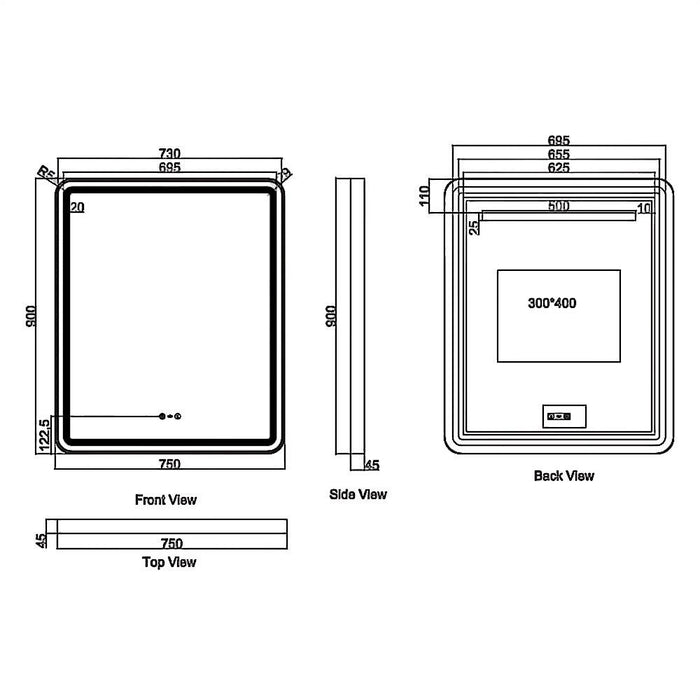 600-1200mm Mercio Venus Brushed Gold/Brushed Nickel/Gun Metal/Matt Black Rectangular Frame Motion Sensor LED Mirror