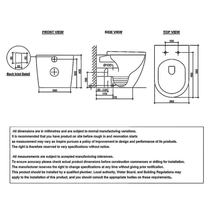 560*365*400mm Inspire Voghera Rimless Wellness Spa Smart Bidet Wall Faced Toilet Set